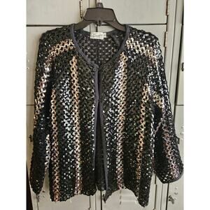 Vintage Semi Sheer Black & Silver Sequin Open Front Jacket Size Small